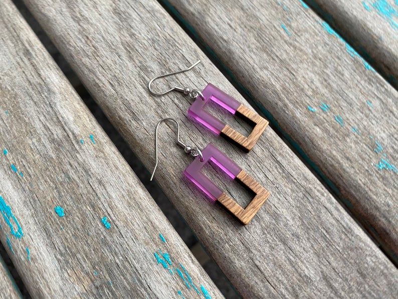 Wood and Purple Rectangle Acrylic Earrings