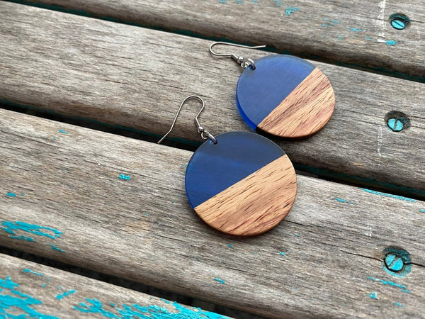 Wood and Blue Acrylic Earrings