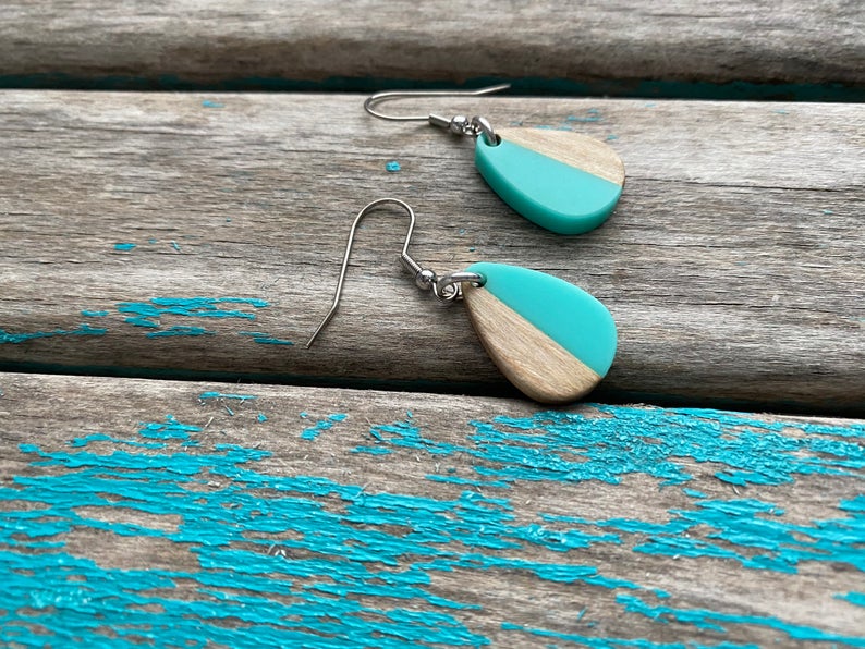 Wood and Turquoise Acrylic Earrings- Small Teardrop