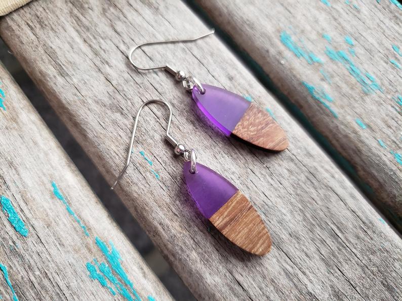 Wood and Purple Acrylic Earrings