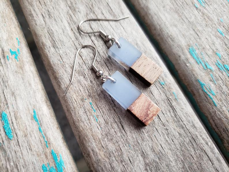 Wood and Dusty Blue Rectangle-Shaped Acrylic Earrings
