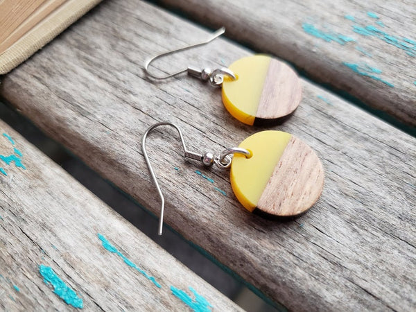 Wood and Yellow Coin-Shaped Acrylic Earrings