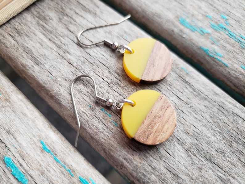 Wood and Yellow Coin-Shaped Acrylic Earrings