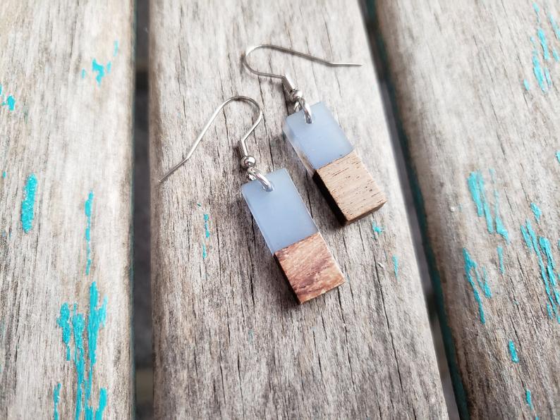Wood and Dusty Blue Rectangle-Shaped Acrylic Earrings