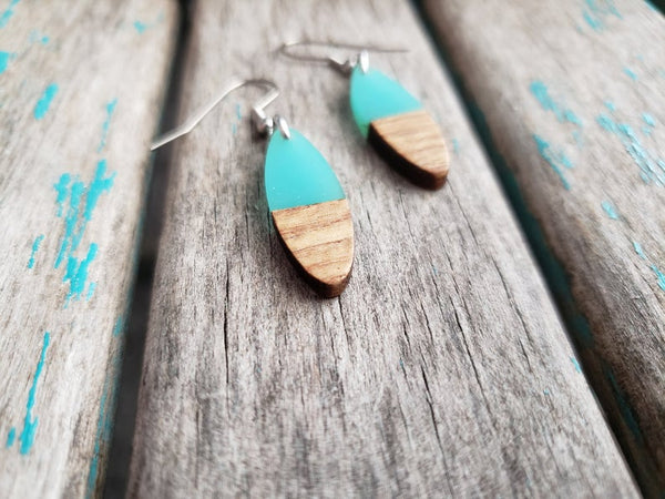 Wood and Mint/Turquoise Acrylic Earrings
