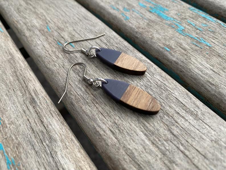 Wood and Deep Navy Acrylic Earrings