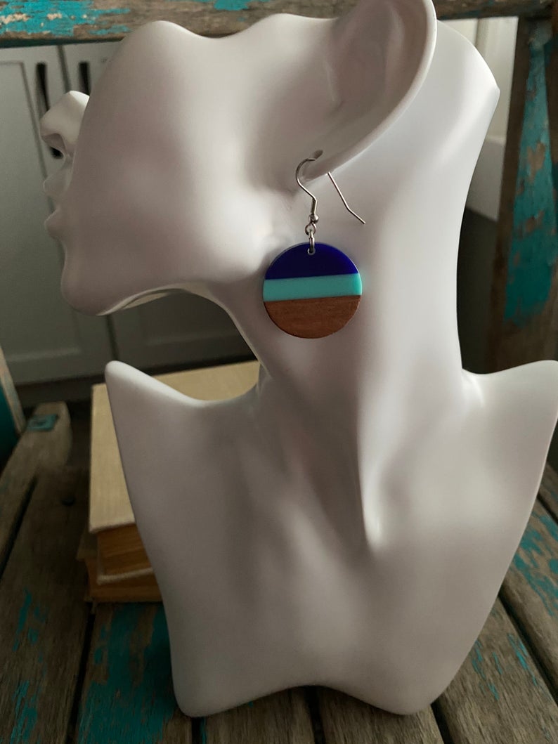 Wood, Blue, and Turquoise/Mint Acrylic Earrings