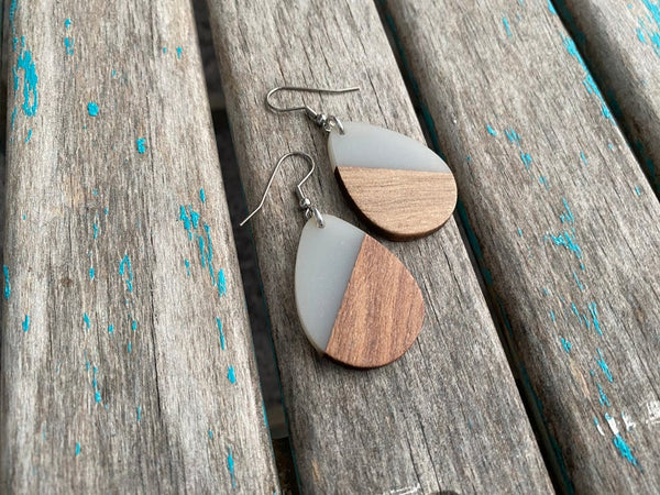 Teardrop Wood and Milky/Grey Resin Earrings