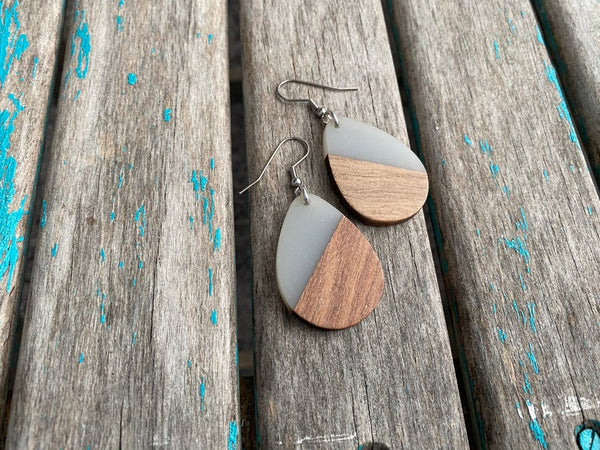 Teardrop Wood and Milky/Grey Resin Earrings