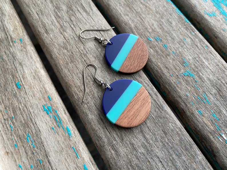 Wood, Blue, and Turquoise/Mint Acrylic Earrings