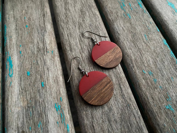 Wood, and Red Acrylic Earrings