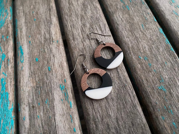 Wood, Black, and White Acrylic Go-Go Style Earrings