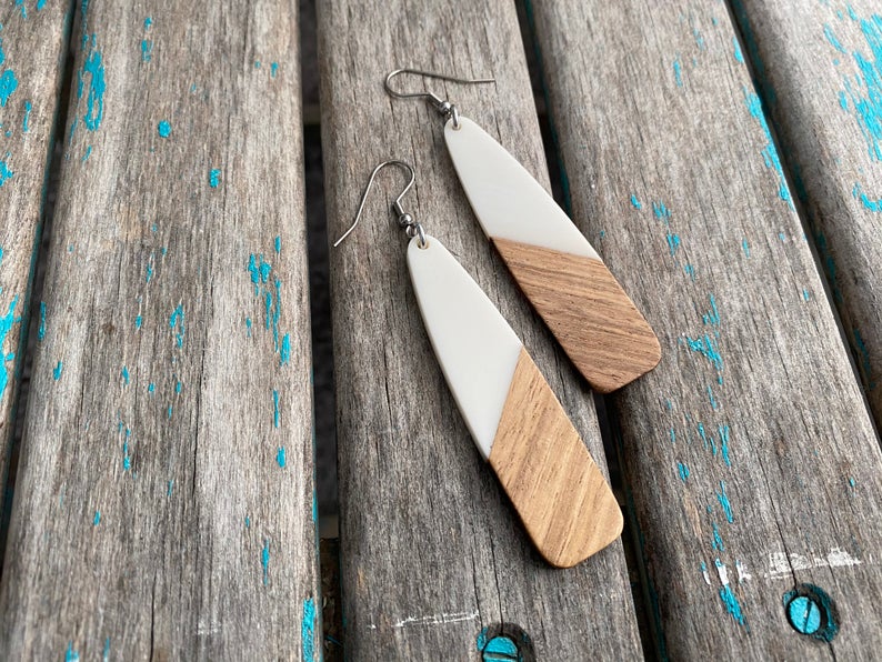 Long Wood and White/Cream Earrings -LARGE Earrings