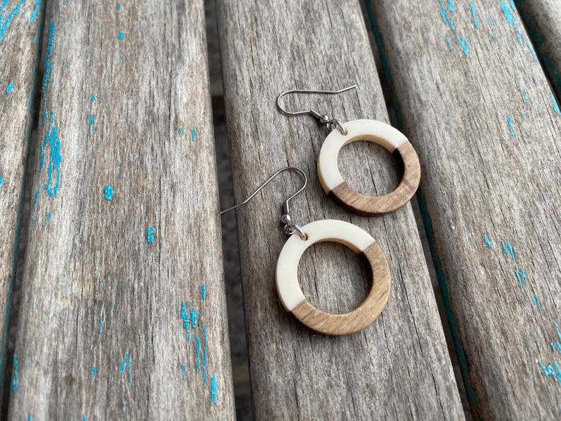 Wood and Creamy/White Acrylic Open Circle Earrings