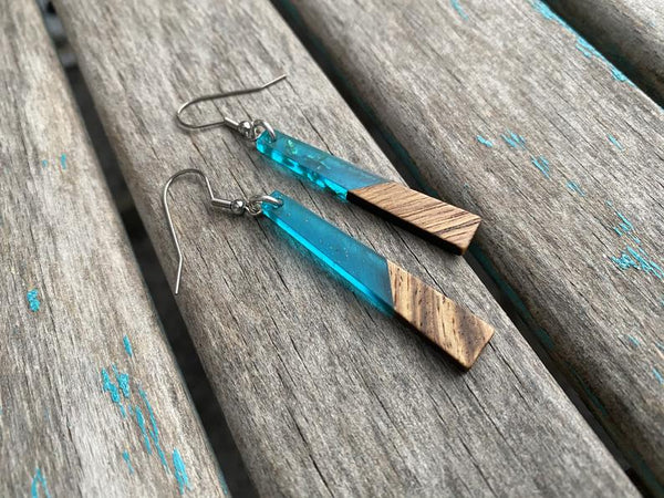 Long Wood and Turquoise Flicks Acrylic Earrings -Tapered-Style