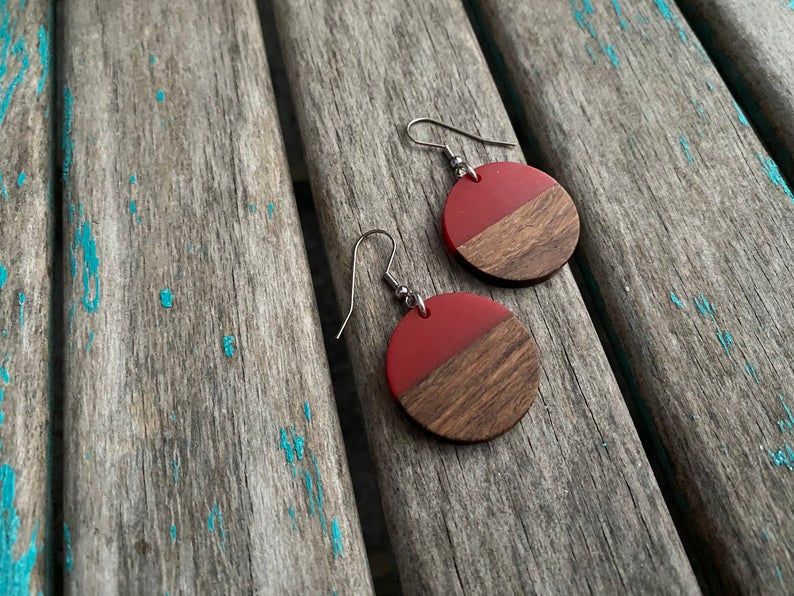 Wood, and Red Acrylic Earrings