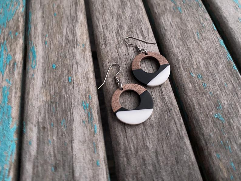 Wood, Black, and White Acrylic Go-Go Style Earrings