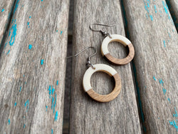 Wood and Creamy/White Acrylic Open Circle Earrings