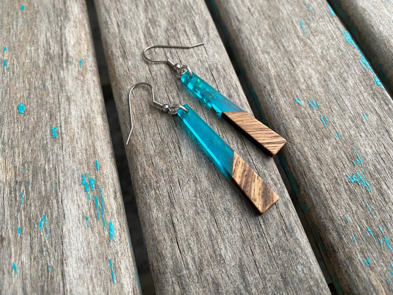 Long Wood and Turquoise Flicks Acrylic Earrings -Tapered-Style