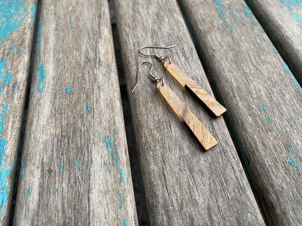 Long Wood and Peach Acrylic Earrings -Tapered-Style
