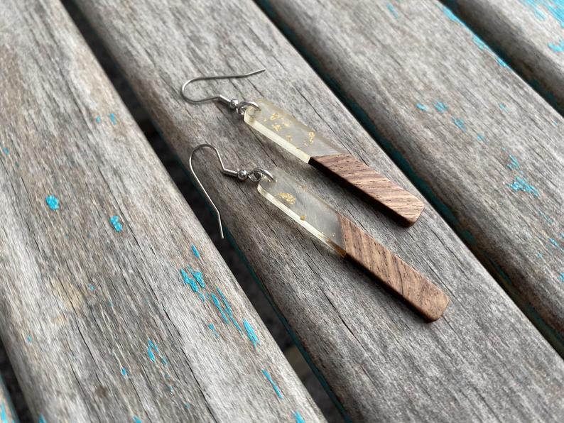 Long Wood and Clear with Gold-FlecksAcrylic Earrings