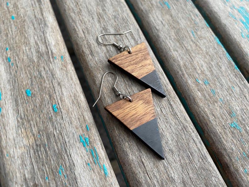 Wood and Black, Triangle-Shaped Acrylic Earrings