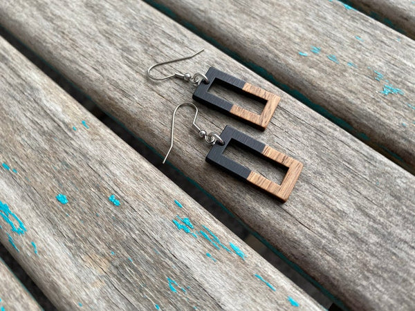 Wood and Black Rectangle Acrylic Earrings