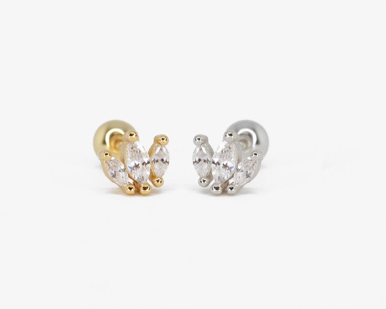 Delicate Marquise Cartilage Gold Stud Earring • conch earring • tiny stud • cartilage stud • helix stud • tragus stud earrings • screw back