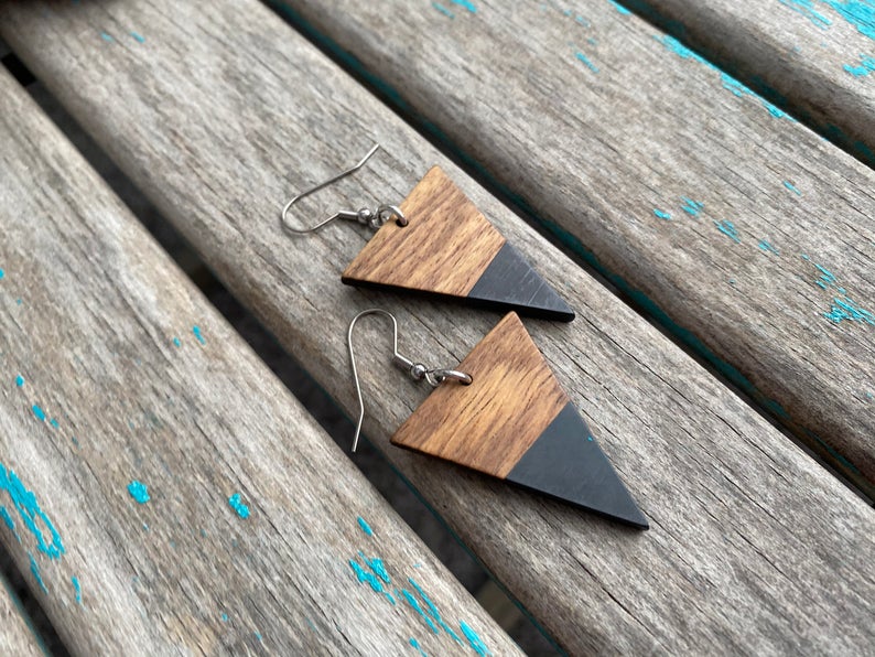 Wood and Black, Triangle-Shaped Acrylic Earrings