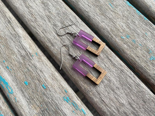 Wood and Purple Rectangle Acrylic Earrings