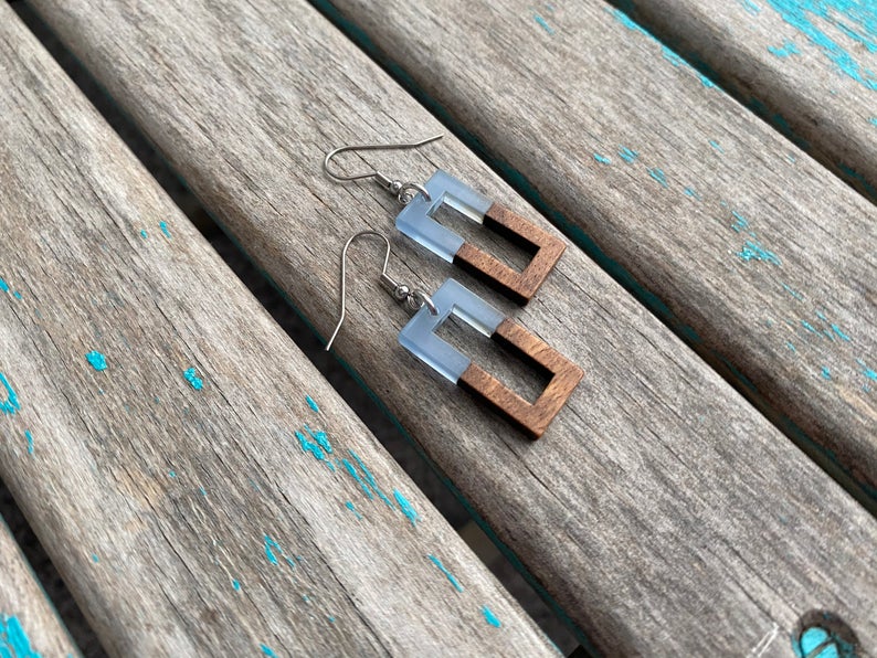 Wood and Blue Rectangle Acrylic Earrings