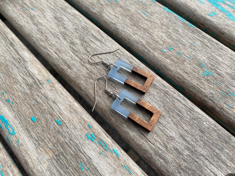 Wood and Blue Rectangle Acrylic Earrings