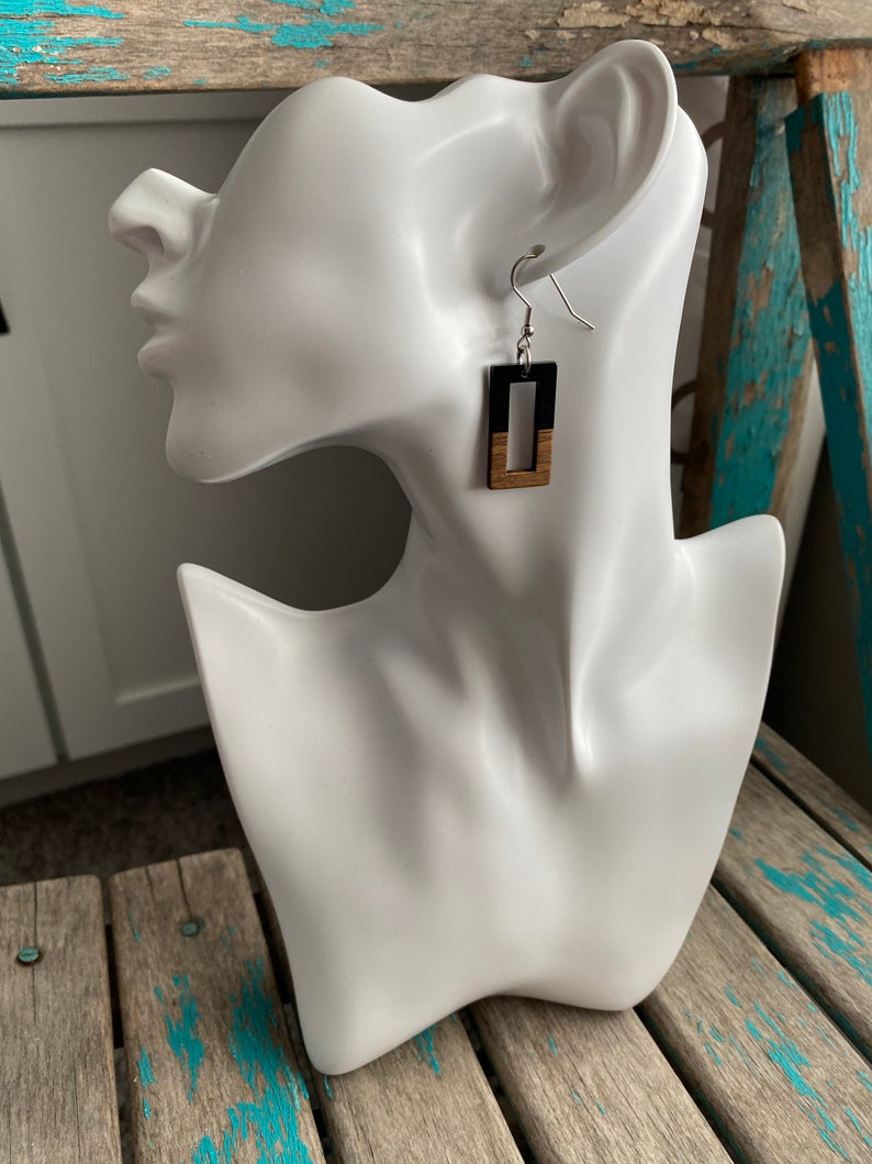 Wood and Black Rectangle Acrylic Earrings
