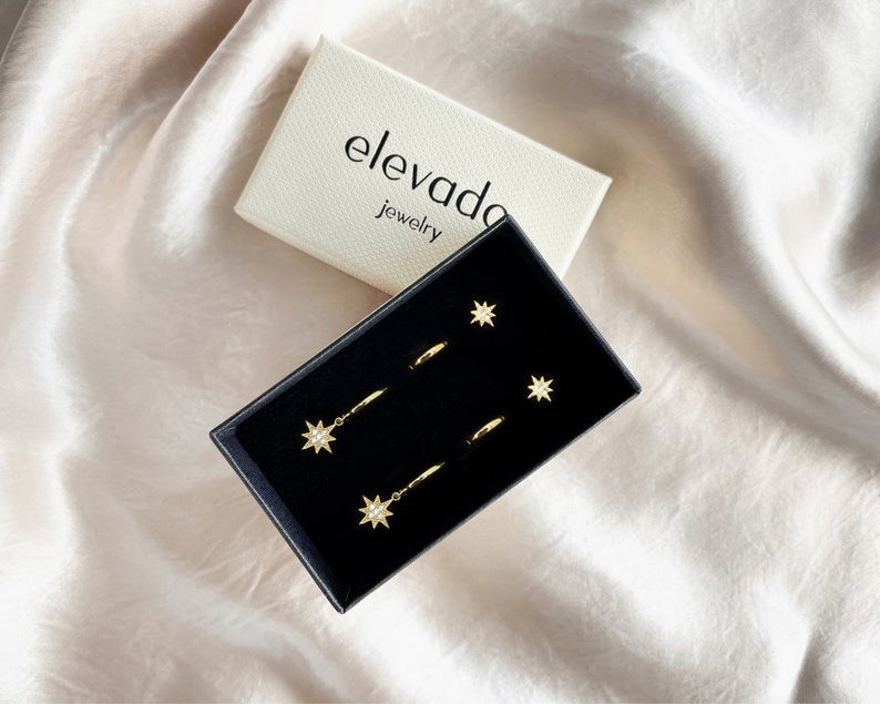 Star Hoop Earrings Gift Set • Starburst Earrings • celestial jewelry • earring set • gift ready • gift for her • gift for mom • gift set