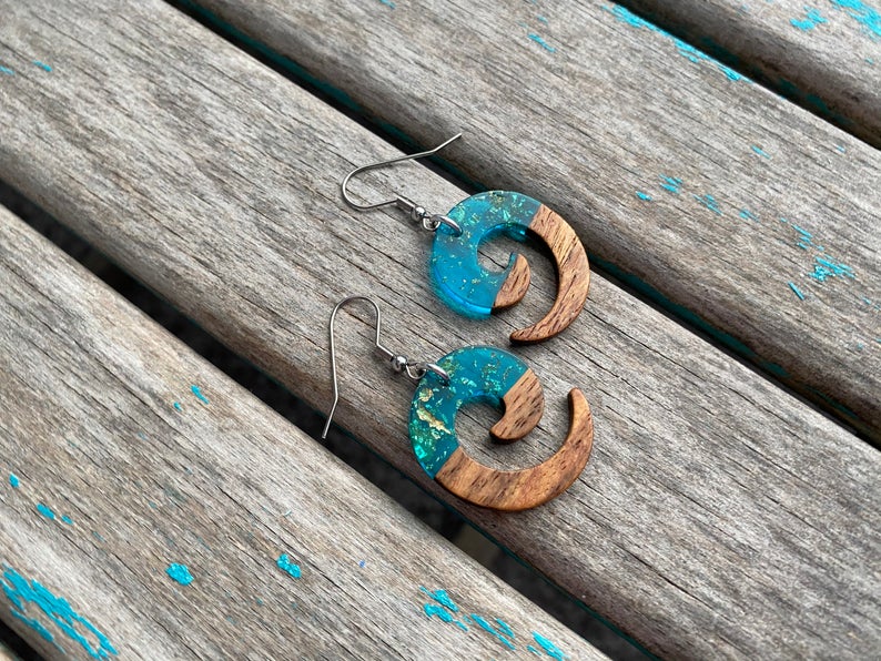 Spiral Wood and Turquoise with Gold Flecks Acrylic Earrings