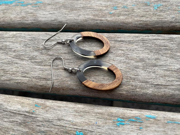 Open Oval Wood and Cloudy Black/Clear/Grey Acrylic Earrings