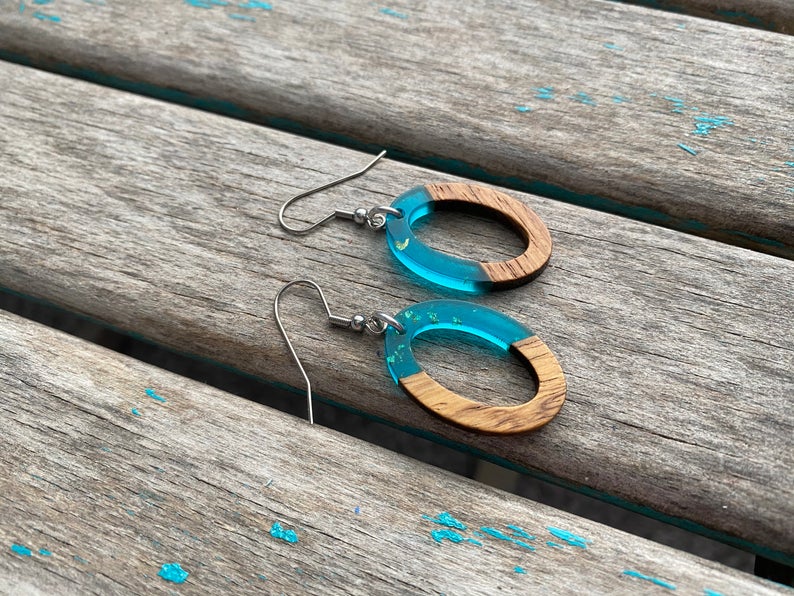 Open Oval Wood and Turquoise with Gold Flecks Acrylic Earrings