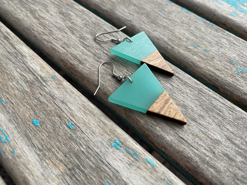 Wood and Mint, Triangle-Shaped Acrylic Earrings