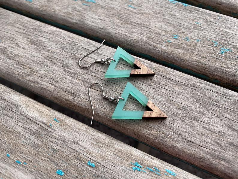 Wood and Mint, Triangle-Shaped Acrylic Earrings
