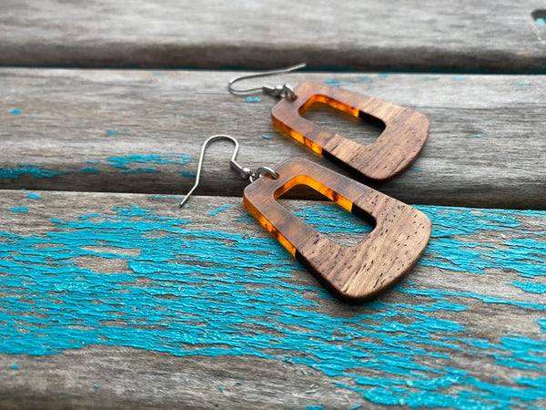 Wood and Amber-Toned Acrylic Earrings-Trapezoid Shape