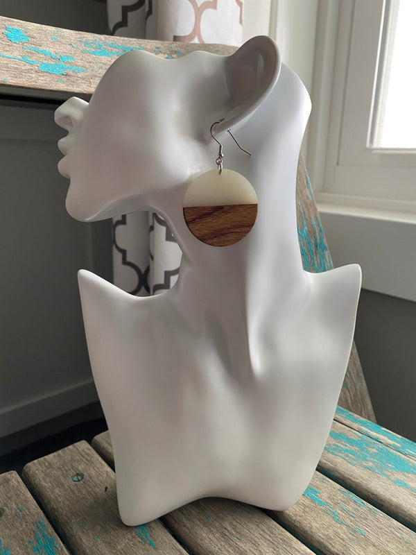 Wood and Cloudy White Acrylic Earrings