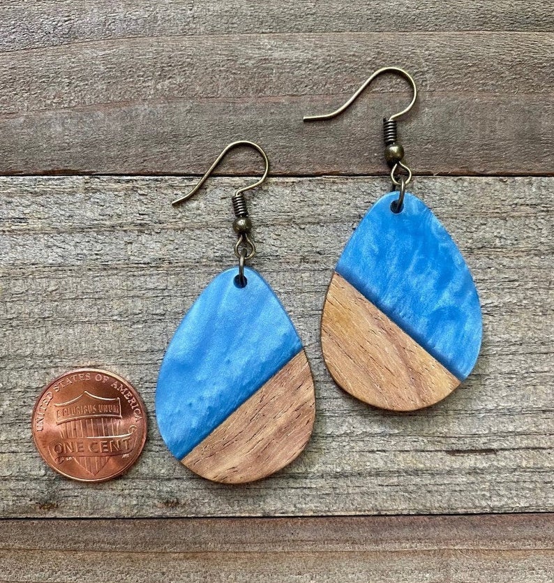 Pearly Blue & Wood Large Teardrops - Bohemian Earrings Tonybook