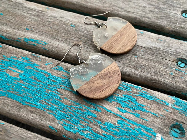Wood and Clear with Silver Flecks Acrylic Earrings