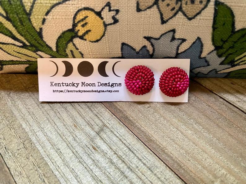 Red & Hot Pink Petite Seed Bead Button Post Bohemian Earrings Tonybook