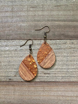 Amber Gold Flake & Wood Teardrops - Bohemian EarringsTonybook