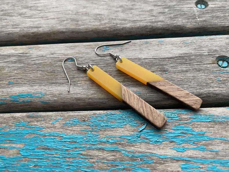 Long Wood and Yellow Acrylic Earrings