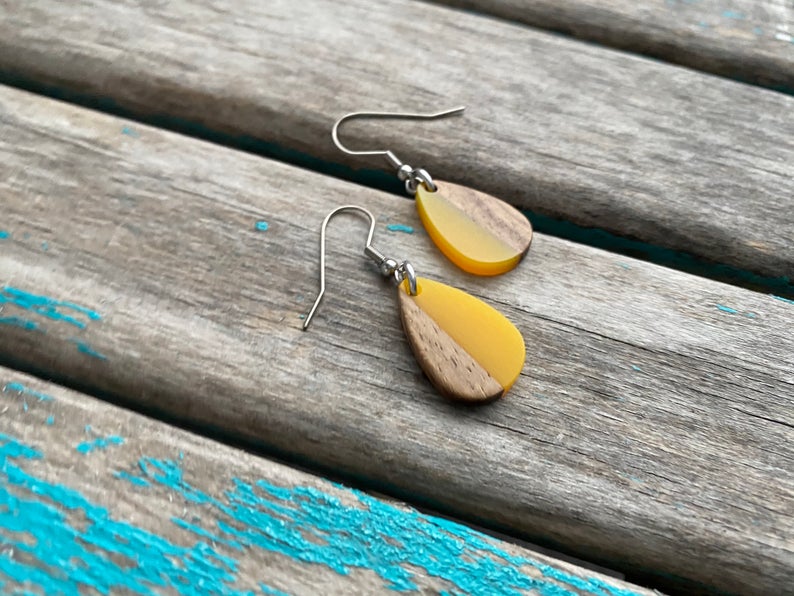 Wood and Mustard Yellow Acrylic Earrings- Small Teardrop