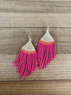 Hot Pink Ivory Coral Stripe Fringe Seed Bead Bohemian Earrings Tonybook