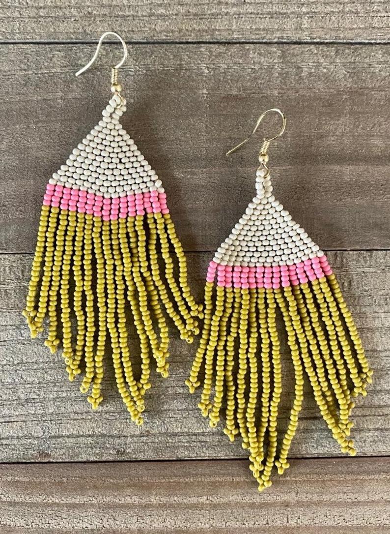 Ivory Pink Citron Stripe Fringe Seed Bead Bohemian Earrings Tonybook