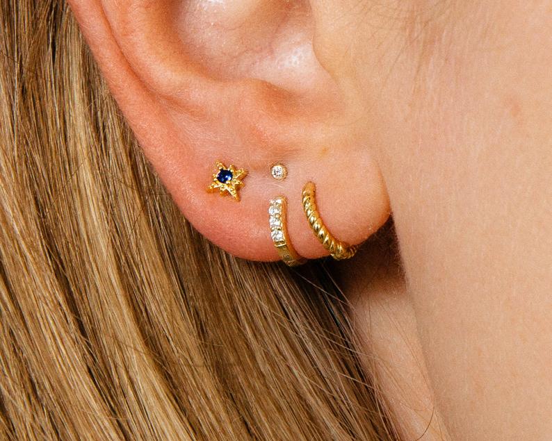 Tiny Sapphire Star Cartilage Gold Stud Earrings • tiny conch earrings • cartilage stud • helix stud • tragus stud earrings • screw back